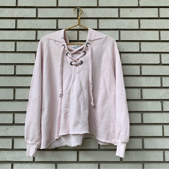 Wildfox Pink Hutton Lace-Up Hoodie Oversized Sweatshirt Raw Hem Blush Size Small - Picture 6 of 10
